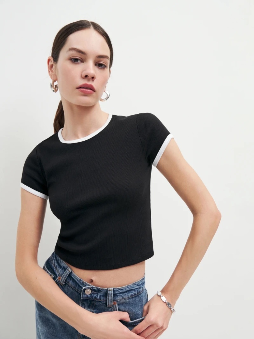 Reformation Black Ribbed Crop Tee with White Trim